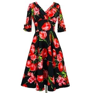 Unique Vintage Black Tulip Floral Delores Swing Dress | Size Small
